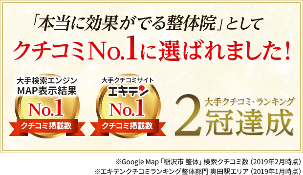 稲沢市で効果のでる整体院として大手口コミサイト評価されています