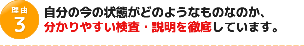自分の今の状態がどのようなものなのか、分かりやすい検査・説明を徹底しています。
